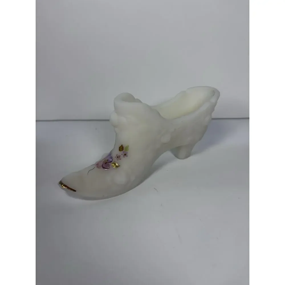 Fenton White Satin Glass Hand Painted Floral Victorian Shoe Artist Signed